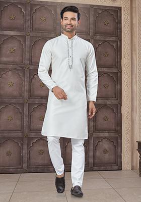 White Embroidered Cotton Kurta Set For Men