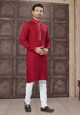Red Embroidered Cotton Kurta Set For Men