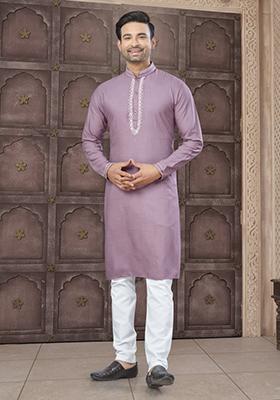Light Purple Embroidered Cotton Kurta Set For Men