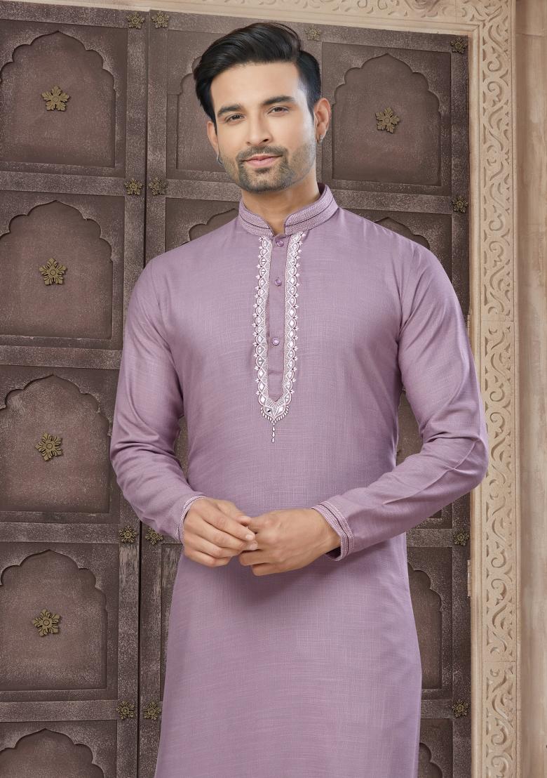 Light Purple Embroidered Cotton Kurta Set For Men - Indya