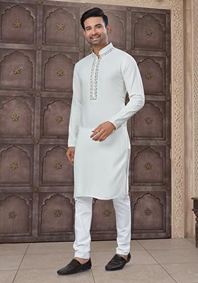 Cream Embroidered Cotton Kurta Set For Men