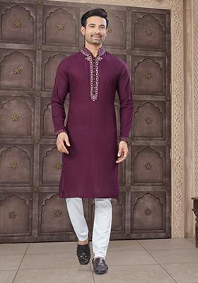 Purple Embroidered Cotton Kurta Set For Men