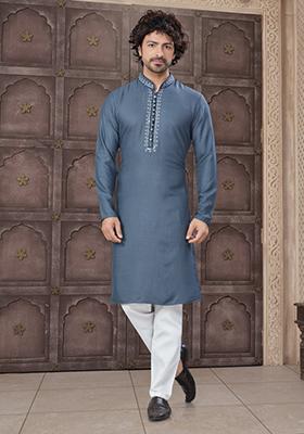 Grey Embroidered Cotton Kurta Set For Men