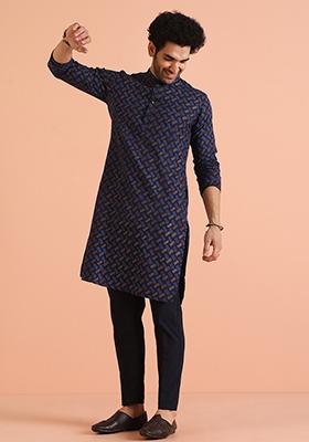 Navy Blue Printed Cotton Kurta Set For Men