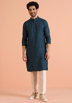 Blue Embroidered Cotton Kurta Set For Men