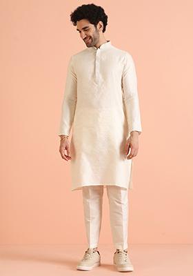 Off White Woven Design Silk Blend Kurta Set For Men