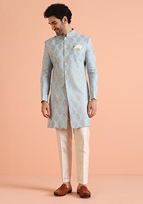 Blue Printed Cotton Indo Western Sherwani Set For Men