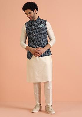 Blue Printed Cotton Nehru Jacket Set For Men