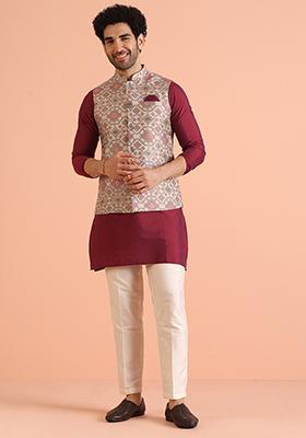 Grey Printed Cotton Nehru Jacket Set For Men