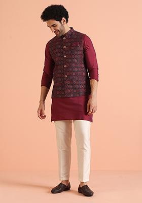 Multi Colour Woven Design Silk Blend Nehru Jacket Set For Men