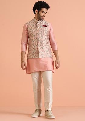 Multi Colour Woven Design Silk Blend Nehru Jacket Set For Men