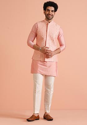 Pink Embroidered Silk Blend Nehru Jacket Set For Men