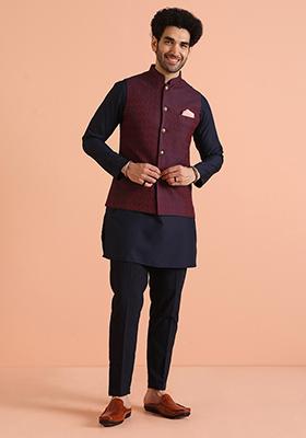 Magenta Woven Design Silk Blend Nehru Jacket Set For Men