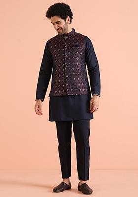 Navy Blue Woven Design Silk Blend Nehru Jacket Set For Men
