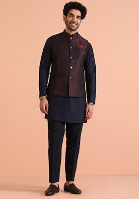 Purple Woven Design Silk Blend Nehru Jacket Set For Men