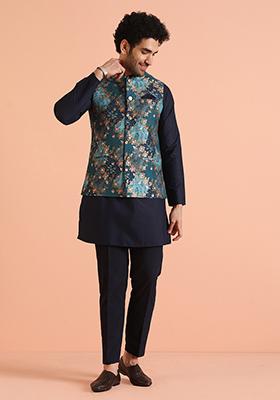 Green Woven Design Silk Blend Nehru Jacket Set For Men