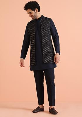 Navy Blue Woven Design Silk Blend Nehru Jacket Set For Men