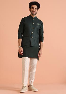 Green Solid Cotton Nehru Jacket Set For Men