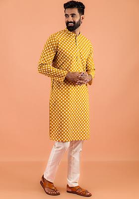Mustard Yellow Printed Cotton Kurta For Men