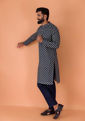 Navy Blue Printed Cotton Kurta Set For Men