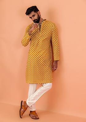 Mustard Yellow Printed Cotton Kurta Set For Men
