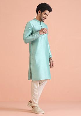 Green Solid Cotton Kurta Set For Men