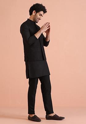 Black Jacquard Cotton Nehru Jacket Set For Men