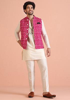 Pink Printed Cotton Nehru Jacket Set For Men