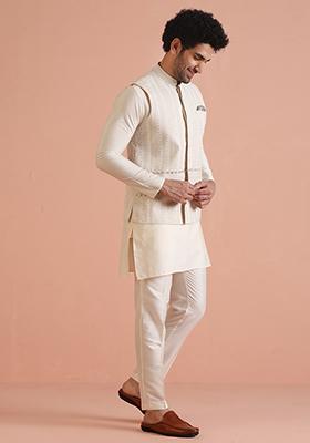 Beige Printed Cotton Nehru Jacket Set For Men