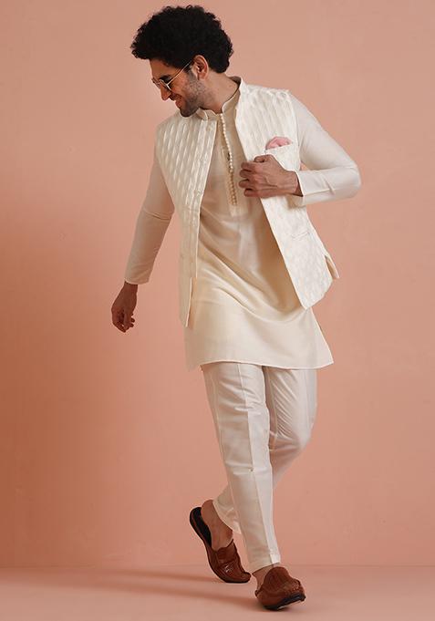 White Jacquard Silk Blend Nehru Jacket Set For Men