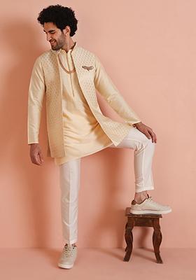 Cream Jacquard Silk Blend Nehru Jacket Set For Men