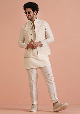 Off White Foil Print Cotton Nehru Jacket Set For Men