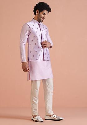 Lavender Embroidered Silk Blend Nehru Jacket Set For Men