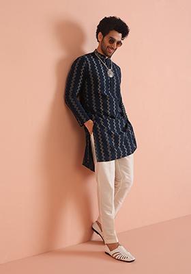 Navy Blue Embroidered Poly Blend Kurta Set For Men