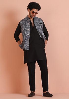 Black Digital Printed Poly Blend Nehru Jacket Set For Men