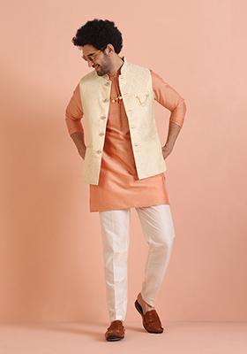 Cream Jacquard Jacquard Nehru Jacket Set For Men