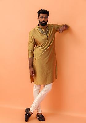 Green Solid Cotton Kurta Set For Men