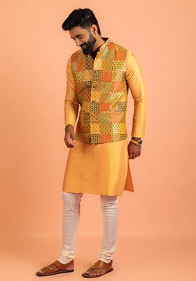 Multi Colour Printed Silk Blend Nehru Jacket Set For Men