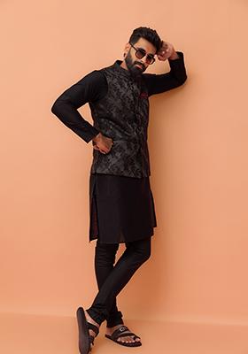 Black Jacquard Silk Blend Nehru Jacket Set For Men
