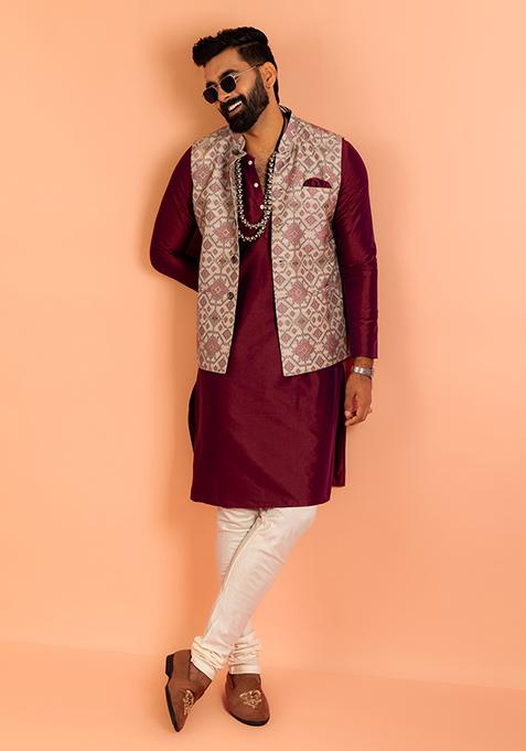 Grey Printed Cotton Nehru Jacket Set For Men