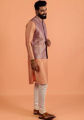 Purple Jacquard Art Silk Nehru Jacket Set For Men
