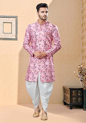 Pink Thread Embroidered Jacquard Indo Western Sherwani Set For Men