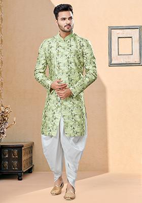 Green Thread Embroidered Jacquard Indo Western Sherwani Set For Men