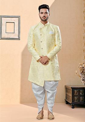 Lemon Yellow Thread Embroidered Banarasi Indo Western Sherwani Set For Men