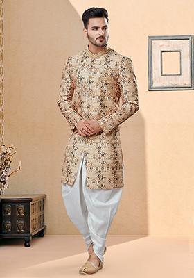 Beige Thread Embroidered Jacquard Indo Western Sherwani Set For Men