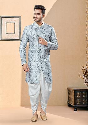 Grey Thread Embroidered Jacquard Indo Western Sherwani Set For Men