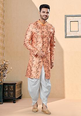 Peach Thread Embroidered Jacquard Indo Western Sherwani Set For Men