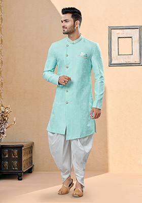 Sky Blue Thread Embroidered Banarasi Indo Western Sherwani Set For Men