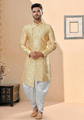 Lemon Yellow Thread Embroidered Banarasi Indo Western Sherwani Set For Men