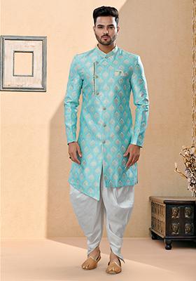 Sky Blue Thread Embroidered Banarasi Indo Western Sherwani Set For Men